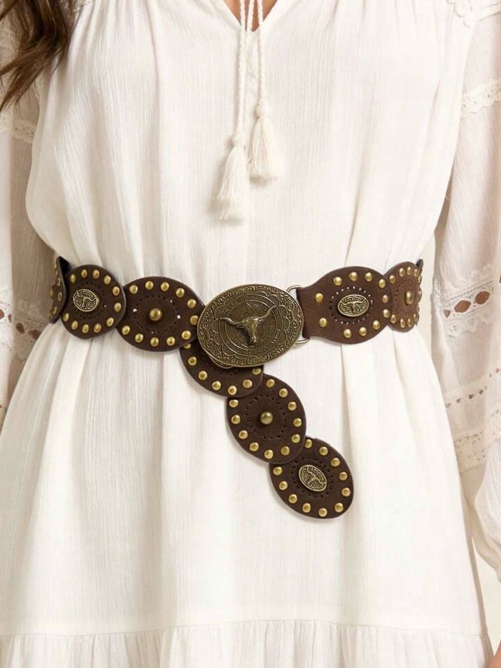 Western Boho Faux Suede Belt 42” Cowgirl Vintage Studded Disc Concho - Picture 6 of 10